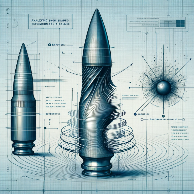 DALL·E 2023-12-27 10.43.25 - An abstract and informative illustration for an article about analyzing 'shoe-shaped' bullet deformation after a bounce. The image should depict a sty